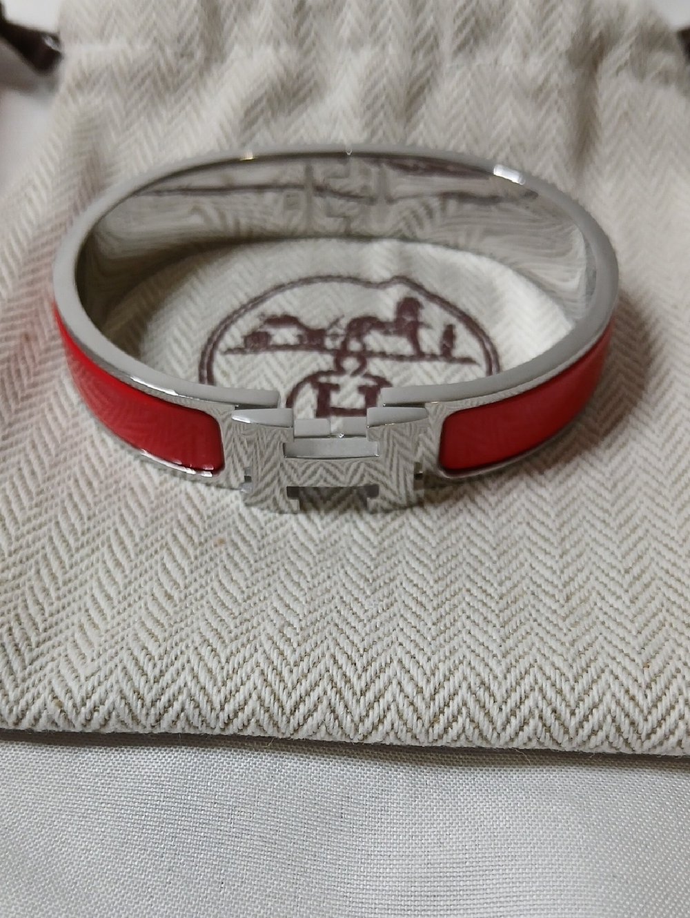 Hermes Silver-Tone Bracelet with Red Enamel H Clasp